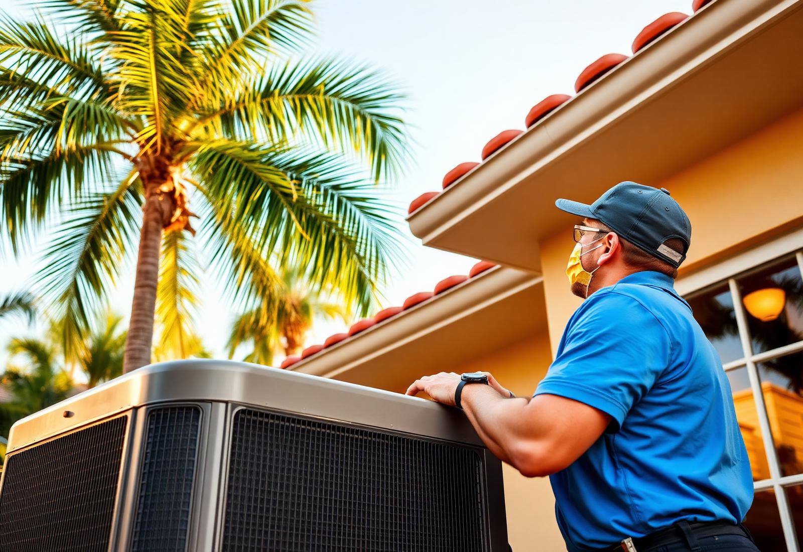 HVAC technician servicing an air conditioner outside a Florida home in Citrus County
